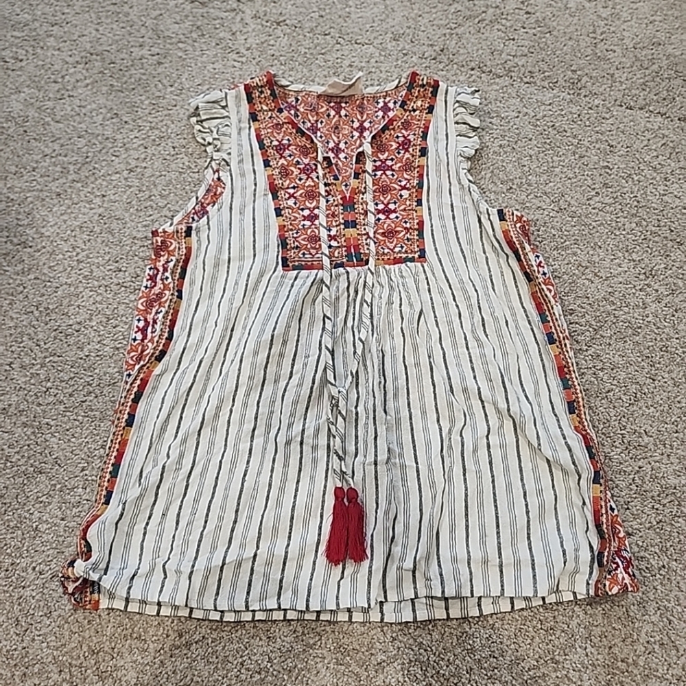 Savanna Jane Small White & Grey Striped Tank With Colored Printed Accents